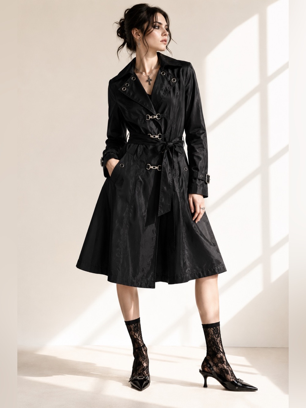 Y2K Goth Trench Coat Double Breasted Belted Midi Samuel Dong Sz M